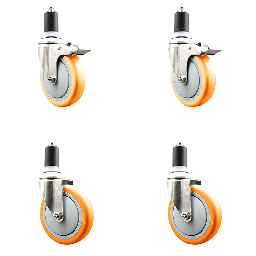 Polyurethane Swivel Stem Caster with 5 in. Orange Caster Wheels, 1.5 in. Expanding Stem - 316 Stainless Steel Casters - Set of 4