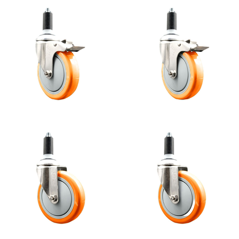 Polyurethane Swivel Stem Caster with 5 in. Orange Caster Wheels, 1.25 in. Expanding Stem - 316 Stainless Steel Casters - Set of 4