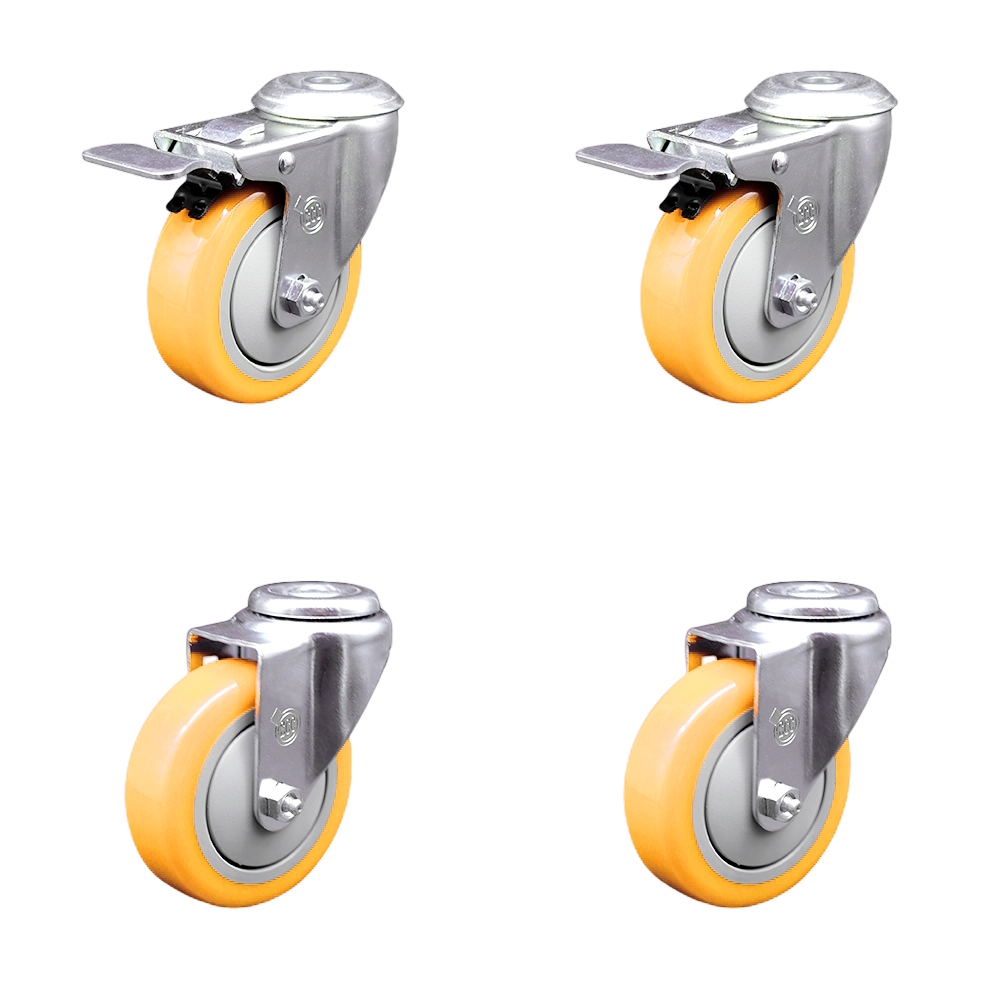 SCC-SSBHTTL20S414-PPUB-YEL-2-S-2 Stainless Steel Polyurethane Swivel Bolt Hole Caster with 4 x 1.25 in. Yellow Wheels - Set of 4