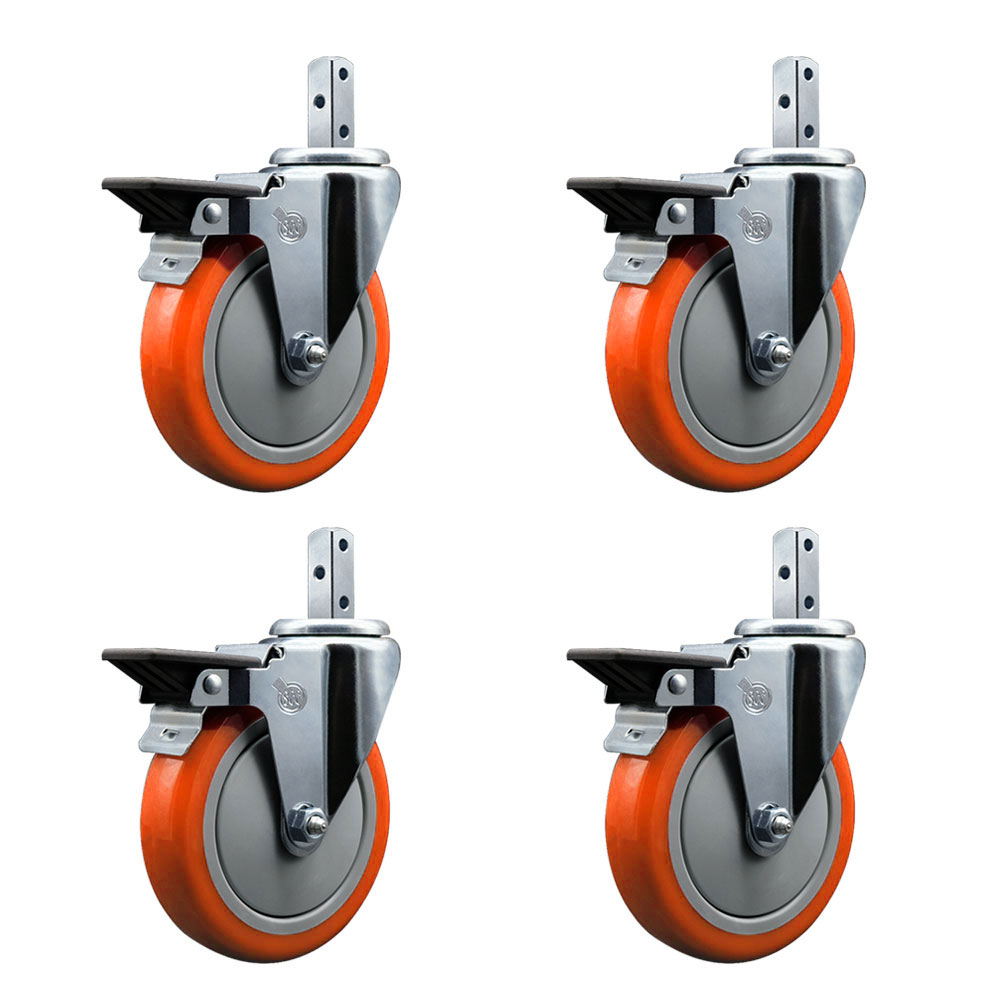 Swivel Square Stem Caster with 5 x 1.25 in. Orange Poly Wheel, 0.75 x 2 in. Square Stem with 3 0.26 in. Diameter Mounting Holes - Set of 4