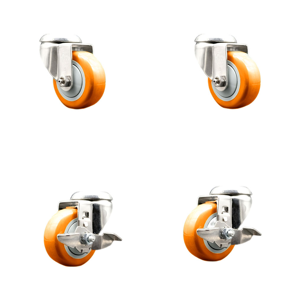 SCC-SS316BH20S3514-PPUB-ORG-2-TLB-2 Polyurethane Swivel Bolt Hole Caster with 3.5 in. Orange Caster Wheels - 316 Stainless Steel Casters - Set of 4