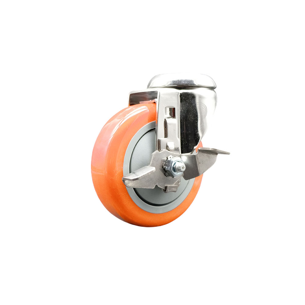 SCC-SS316BH20S414-PPUB-ORG-TLB Polyurethane Swivel Bolt Hole Caster with 4 in. Orange Caster Wheel & Top Lock Brake - 316 Stainless Steel Caster