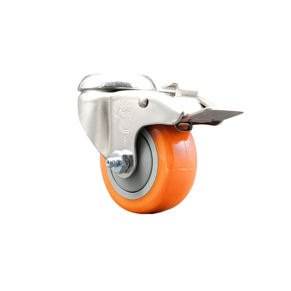 SCC-SS316BHTTL20S314-PPUB-ORG Polyurethane Swivel Bolt Hole Caster with 3 in. Orange Caster Wheel & Total Lock Brake - 316 Stainless Steel Caster