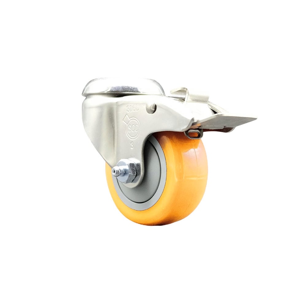 SCC-SS316BHTTL20S314-PPUB-YEL Polyurethane Swivel Bolt Hole Caster with 3 in. Yellow Caster Wheel & Total Lock Brake - 316 Stainless Steel Caster