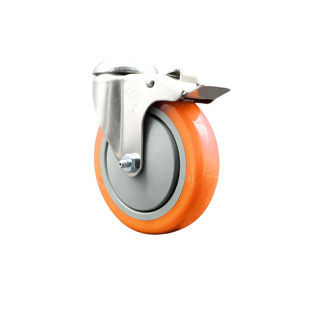SCC-SS316BHTTL20S514-PPUB-ORG Polyurethane Swivel Bolt Hole Caster with 5 in. Orange Caster Wheel & Total Lock Brake - 316 Stainless Steel Caster