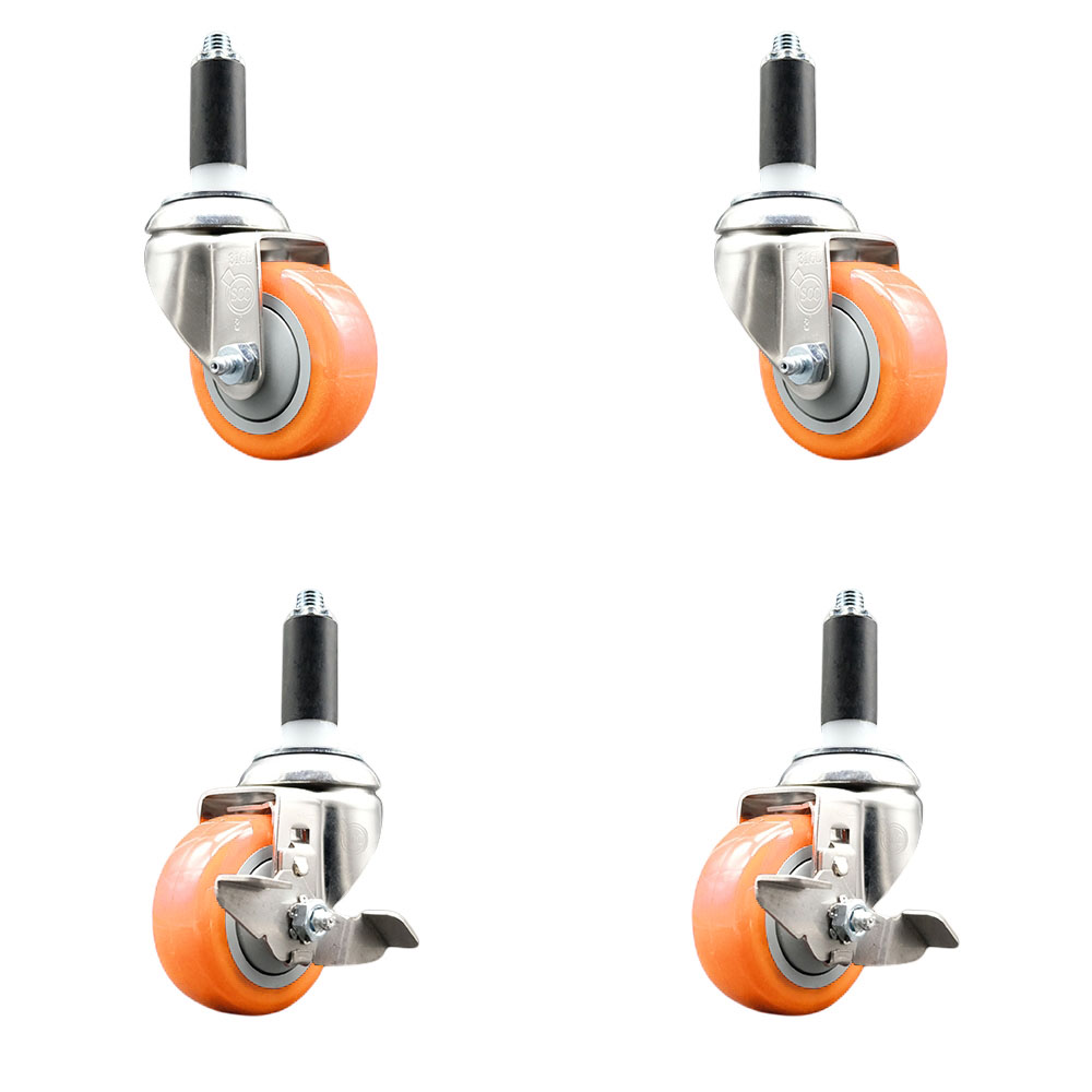 Polyurethane Swivel Stem Caster with 3 in. Orange Caster Wheels, 1.13 in. Expanding Stems - 316 Stainless Steel Casters - Set of 4