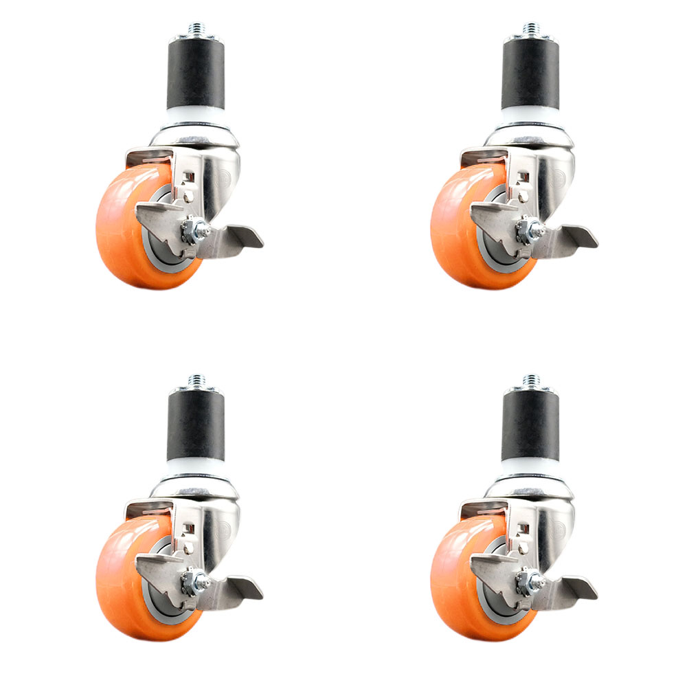 Polyurethane Swivel Stem Caster with 3 in. Orange Caster Wheels, 1.75 in. Expanding Stems - 316 Stainless Steel Casters - Set of 4