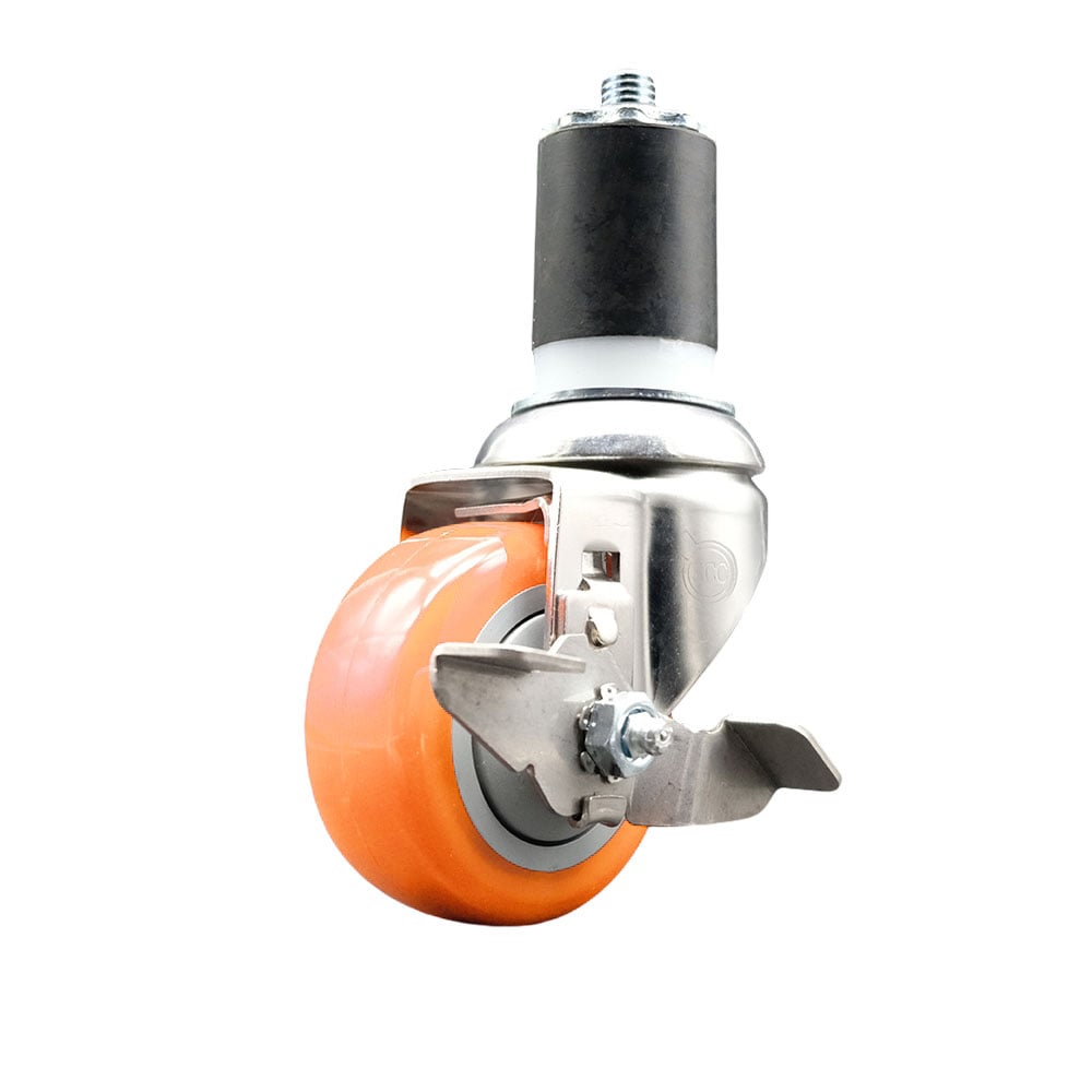 Polyurethane Swivel Stem Caster with 3 in. Orange Caster Wheels & Top Lock Brake, 1.87 in. Expanding Stem - 316 Stainless Steel Caster