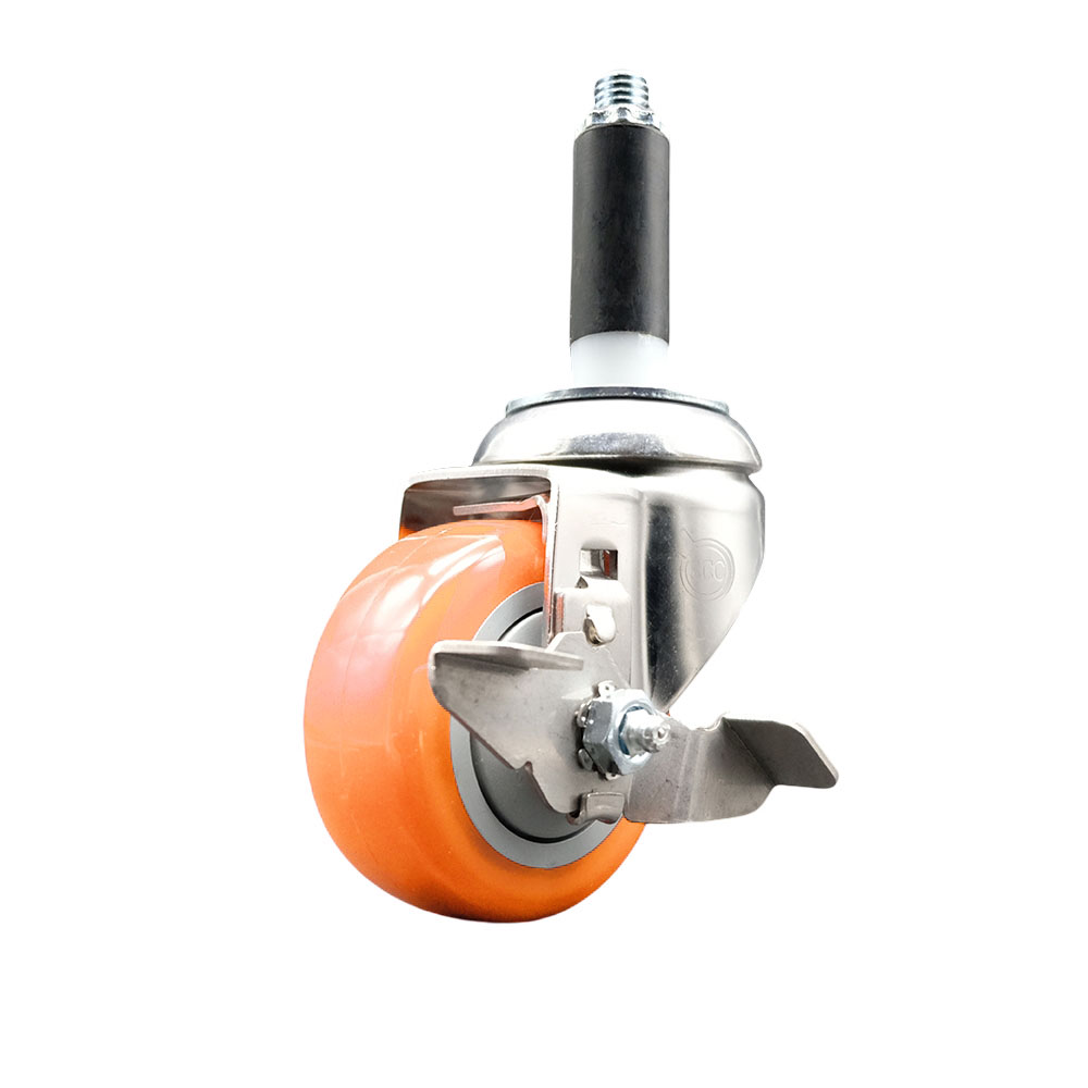 Polyurethane Swivel Stem Caster with 3 in. Orange Caster Wheels & Top Lock Brake, 0.75 in. Expanding Stem - 316 Stainless Steel Caster