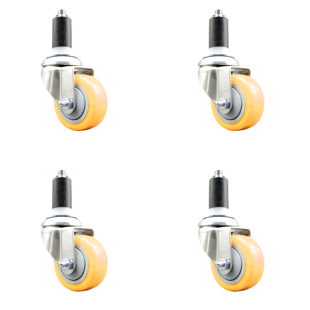 Polyurethane Swivel Stem Caster with 3 in. Yellow Caster Wheels, 1.25 in. Expanding Stems - 316 Stainless Steel Casters - Set of 4