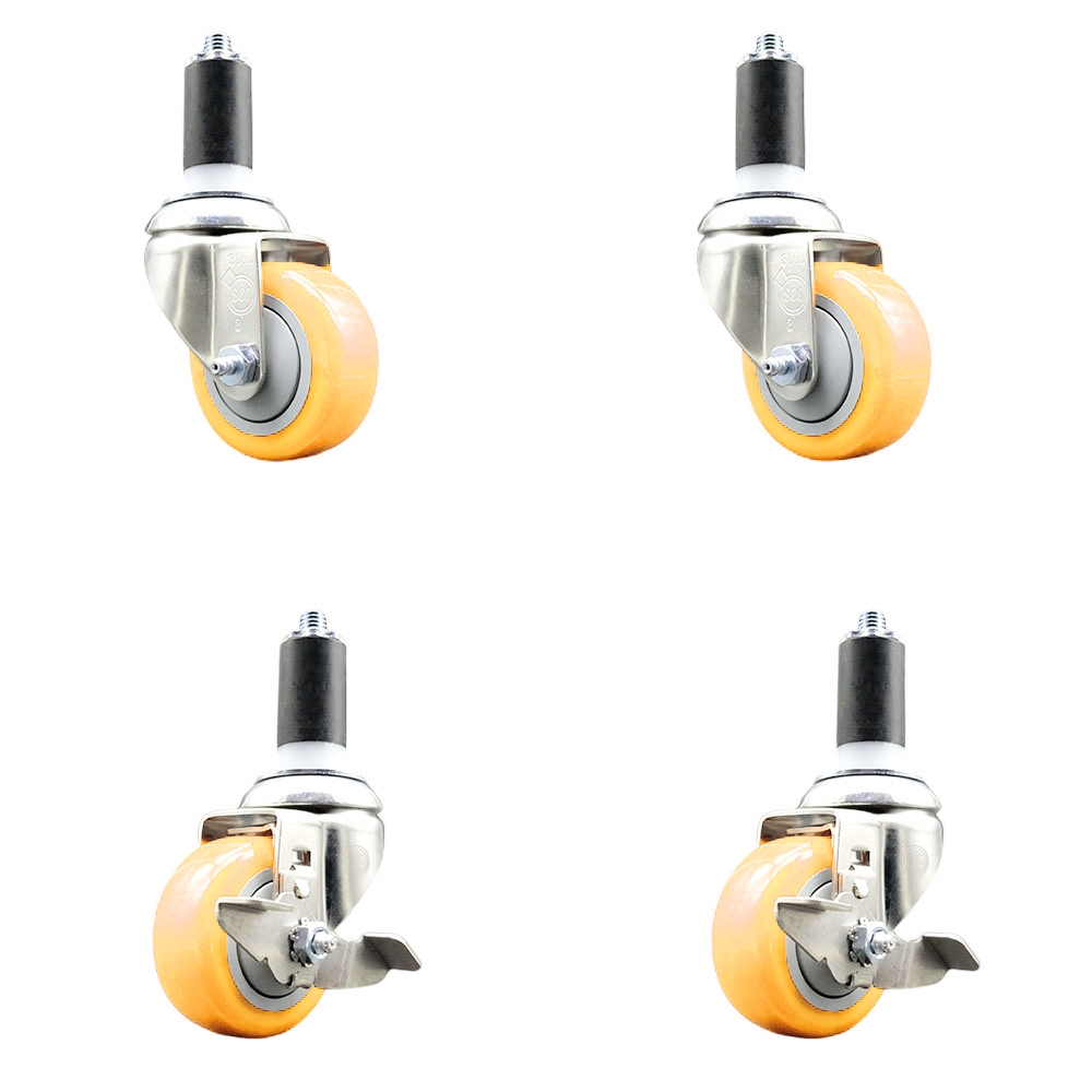 Polyurethane Swivel Stem Caster with 3 in. Yellow Caster Wheels, 1.25 in. Expanding Stems - 316 Stainless Steel Casters - Set of 4