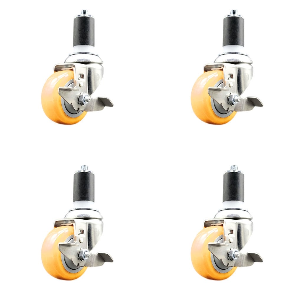 Polyurethane Swivel Stem Caster with 3 in. Yellow Caster Wheels, 1.63 in. Expanding Stems - 316 Stainless Steel Casters - Set of 4