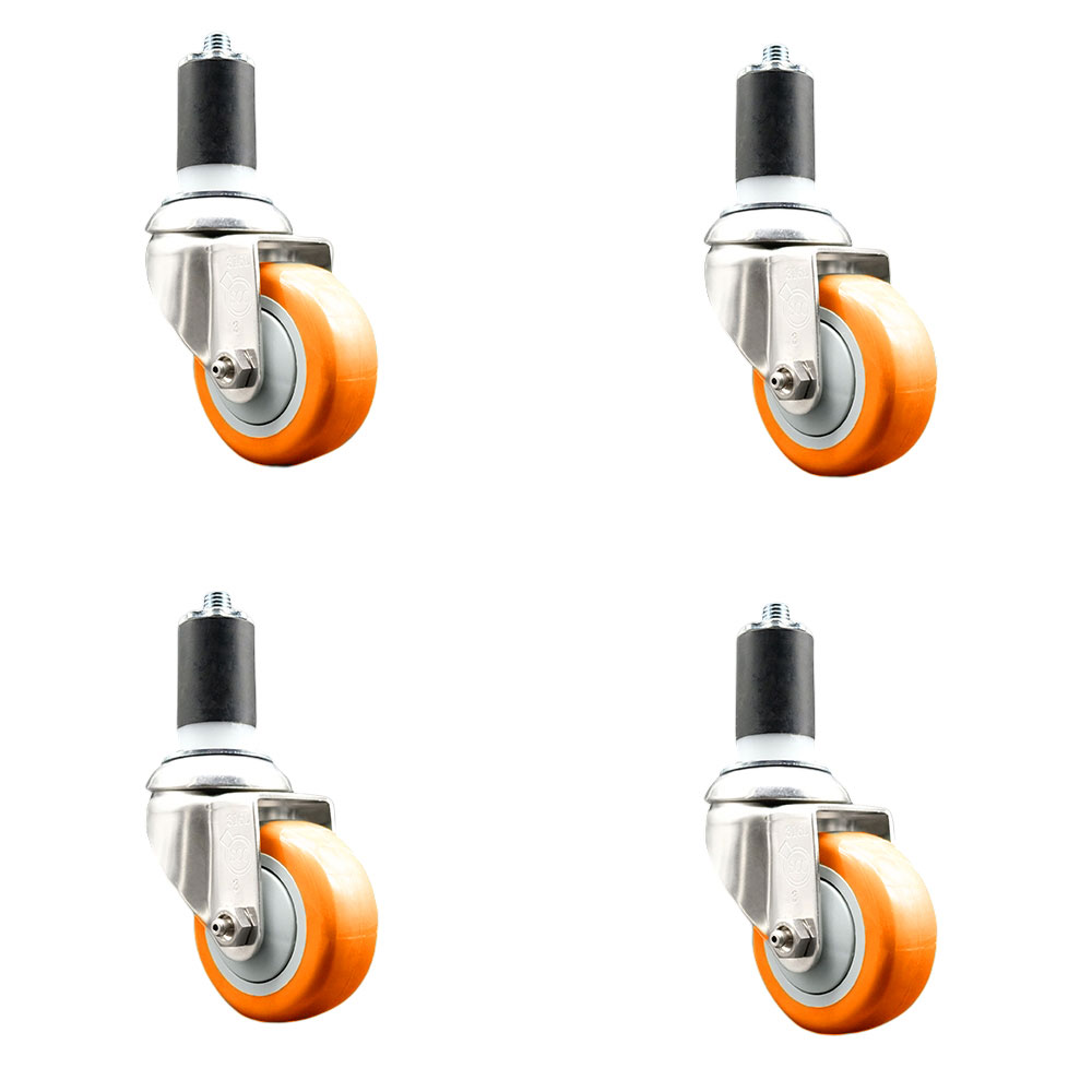 Polyurethane Swivel Stem Caster with 3.5 in. Orange Caster Wheels, 1.5 in. Expanding Stems - 316 Stainless Steel Casters - Set of 4