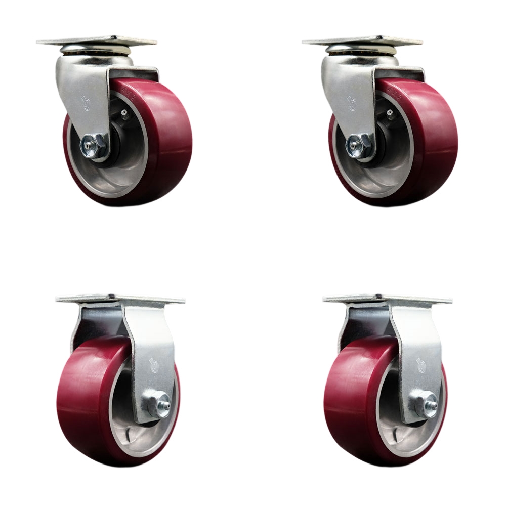 SCC-20S420-PAR-2-R-2 Swivel & Rigid Top Plate Caster Set Maroon 4 in. by 2 in. Polyurethane on Aluminum Wheel Roller Bearing