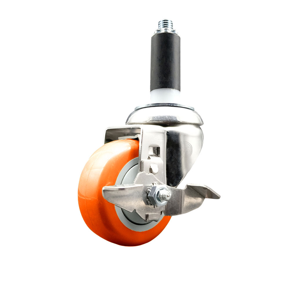 Polyurethane Swivel Stem Caster with 3.5 in. Orange Caster Wheels & Top Lock Brake, 1 in. Expanding Stem - 316 Stainless Steel Caster