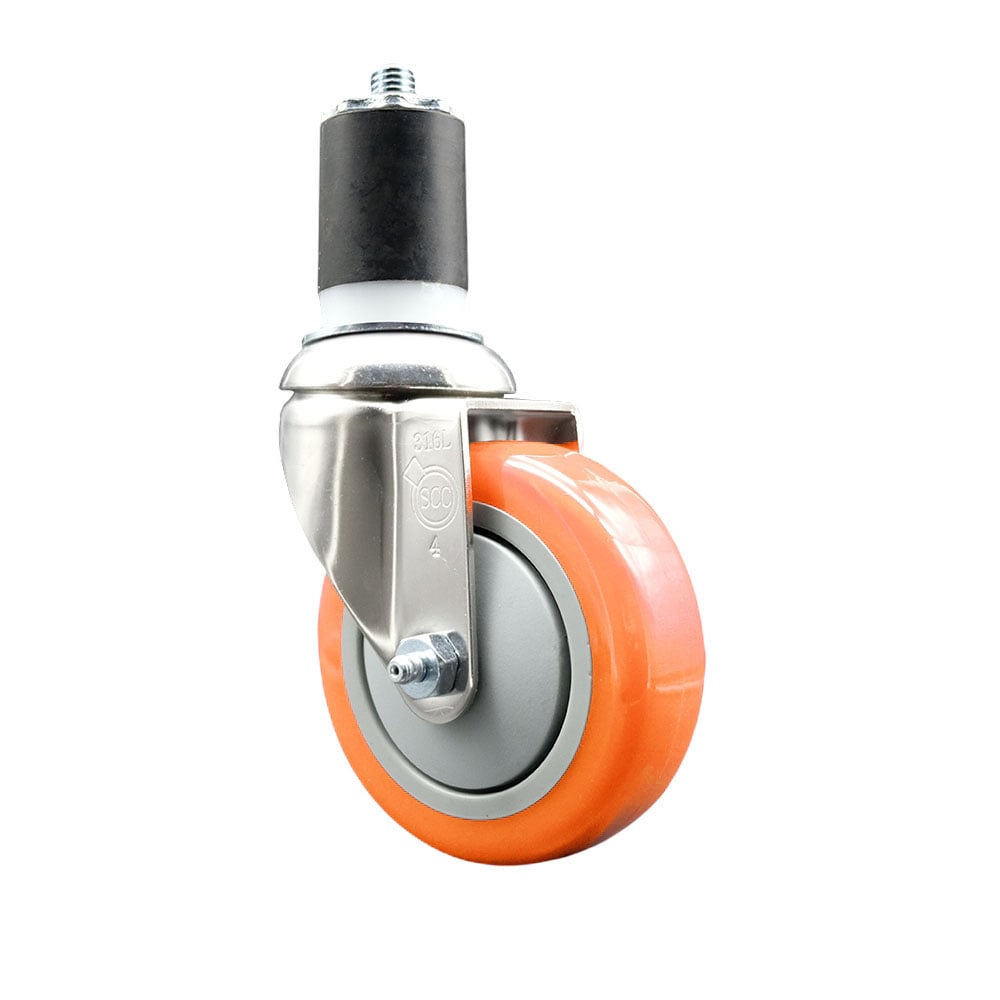 Polyurethane Swivel Stem Caster with 4 in. Orange Caster Wheels, 1.75 in. Expanding Stem - 316 Stainless Steel Caster
