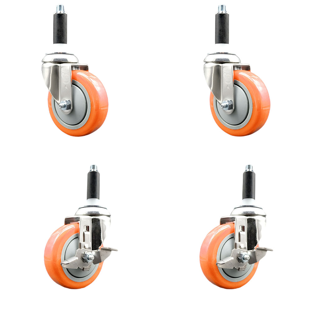 Polyurethane Swivel Stem Caster with 4 in. Orange Caster Wheels, 0.75 in. Expanding Stems - 316 Stainless Steel Casters - Set of 4