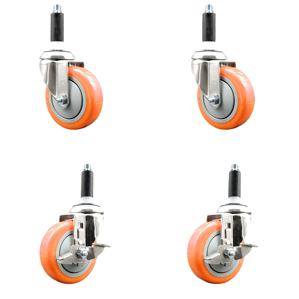 Polyurethane Swivel Stem Caster with 4 in. Orange Caster Wheels, 0.87 in. Expanding Stems - 316 Stainless Steel Casters - Set of 4