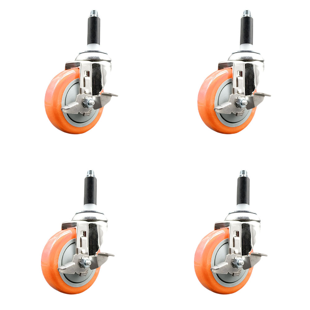 Polyurethane Swivel Stem Caster with 4 in. Orange Caster Wheels, 0.87 in. Expanding Stems - 316 Stainless Steel Casters - Set of 4