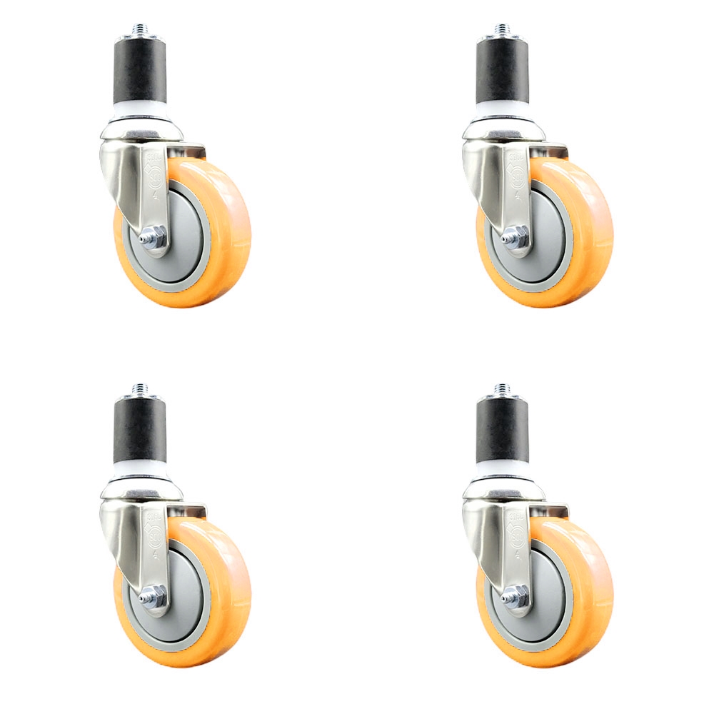 Polyurethane Swivel Stem Caster with 4 in. Yellow Caster Wheels, 1.75 in. Expanding Stems - 316 Stainless Steel Casters - Set of 4