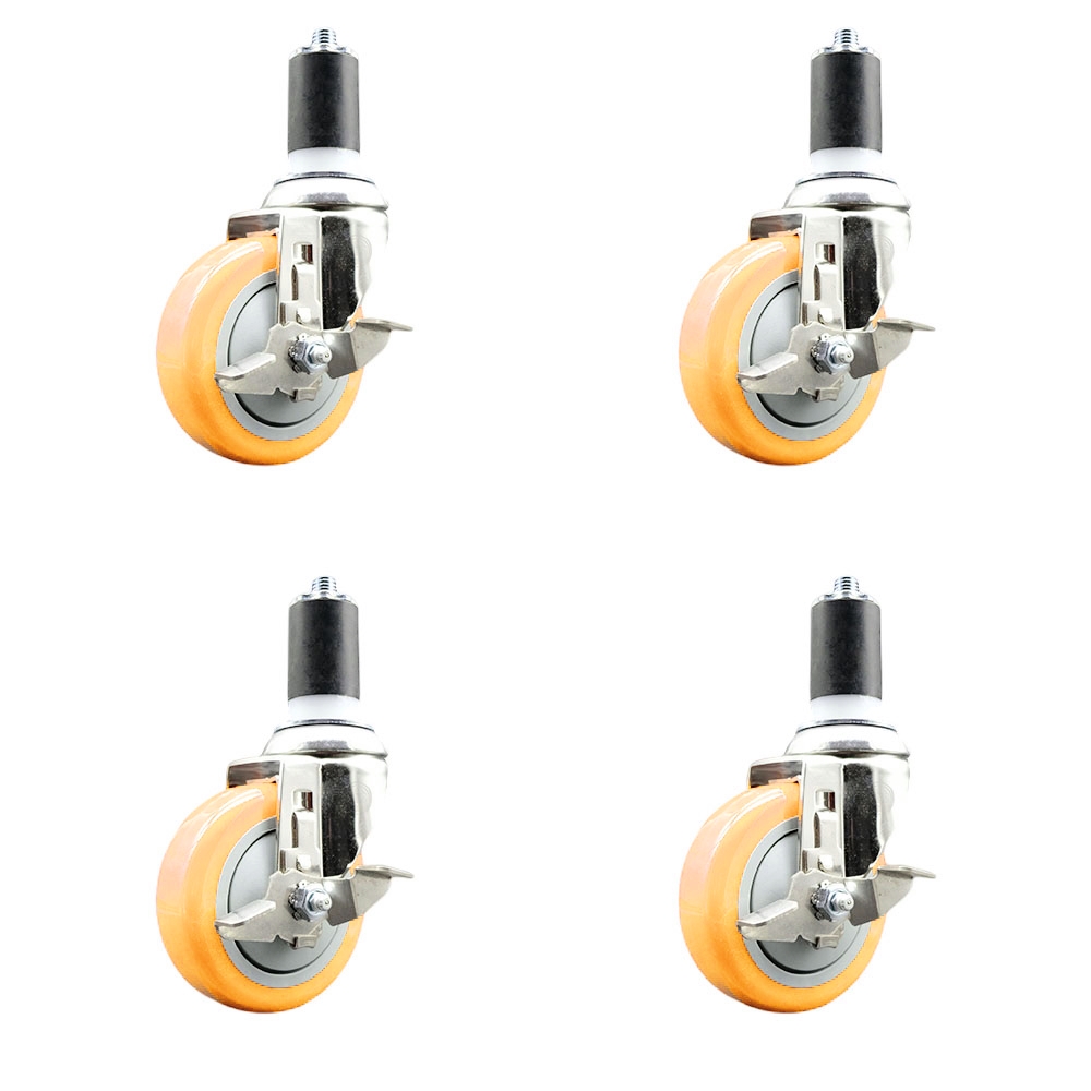 Polyurethane Swivel Stem Caster with 4 in. Yellow Caster Wheels, 1.5 in. Expanding Stems - 316 Stainless Steel Casters - Set of 4