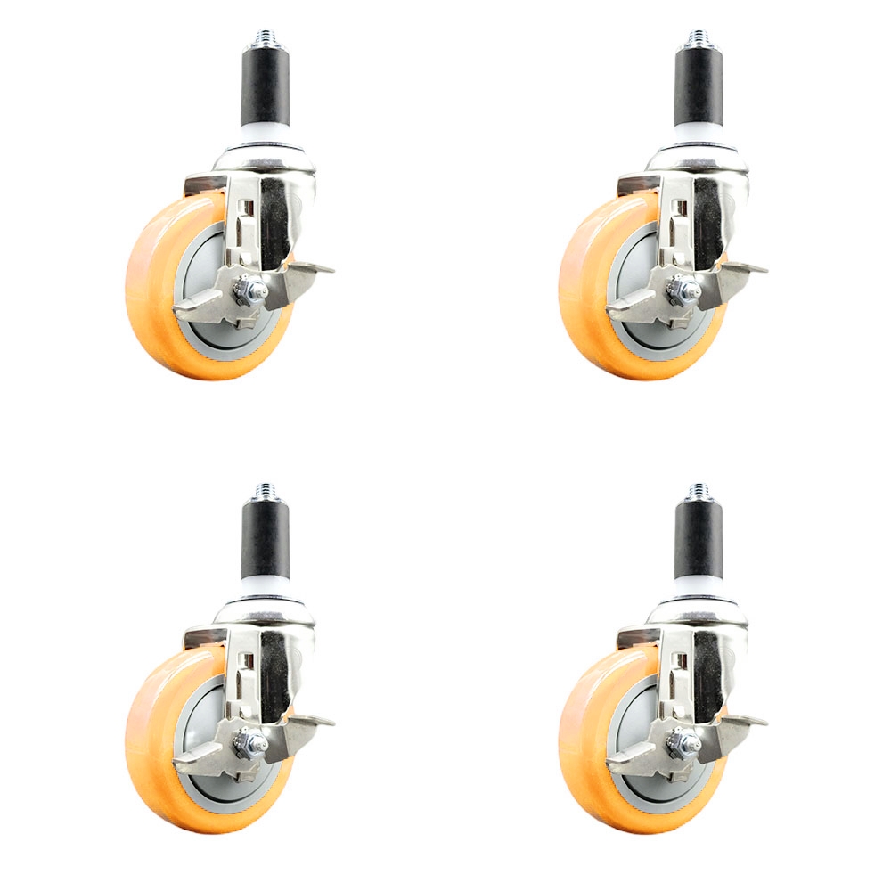 Polyurethane Swivel Stem Caster with 4 in. Yellow Caster Wheels, 1.25 in. Expanding Stems - 316 Stainless Steel Casters - Set of 4
