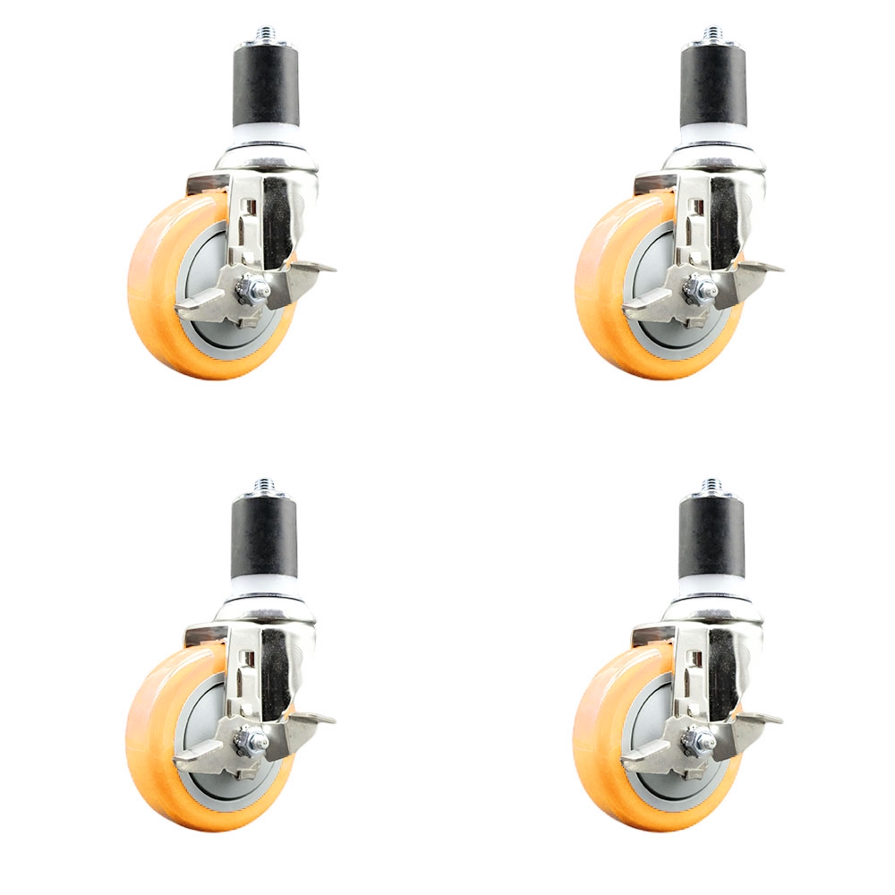 Polyurethane Swivel Stem Caster with 4 in. Yellow Caster Wheels, 1.75 in. Expanding Stems - 316 Stainless Steel Casters - Set of 4