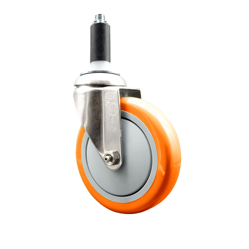 Polyurethane Swivel Stem Caster with 5 in. Orange Caster Wheels, 1.13 in. Expanding Stem - 316 Stainless Steel Caster