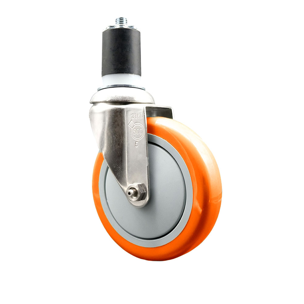 Polyurethane Swivel Stem Caster with 5 in. Orange Caster Wheels, 1.75 in. Expanding Stem - 316 Stainless Steel Caster