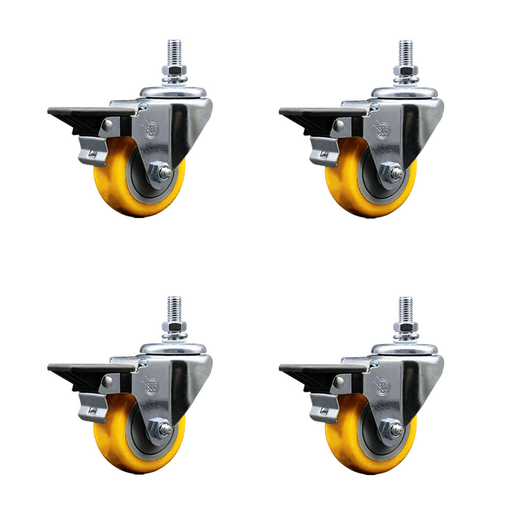 SCC-TS20S314-PPUB-YEL-PLB-M1015-4 Polyurethane Swivel Threaded Stem Caster with 3 x 1.25 in. Yellow Wheels & 10 mm Stems - Set of 4