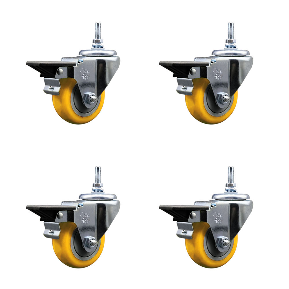 SCC-TS20S314-PPUB-YEL-PLB-M1215-4 Polyurethane Swivel Threaded Stem Caster with 3 x 1.25 in. Yellow Wheels & 12 mm Stems - Set of 4