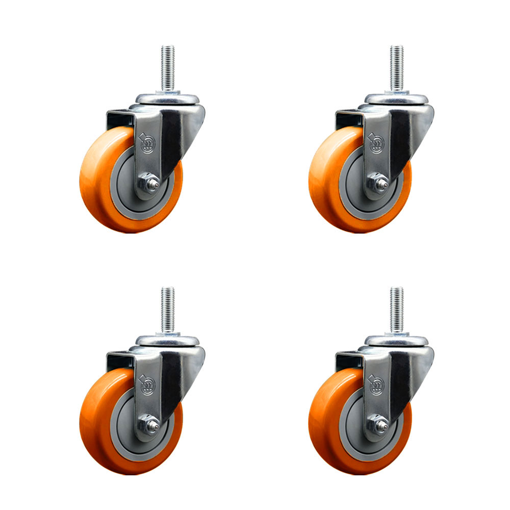 SCC-TS20S3514-PPUB-ORG-58212-4 Polyurethane Swivel Threaded Stem Caster with 3.5 x 1.25 in. Orange Wheels & 0.63 in. Stems - Set of 4