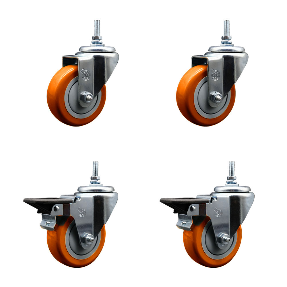 SCC-TS20S3514-PPUB-ORG-M1215-2-PLB-2 Polyurethane Swivel Threaded Stem Caster with 3.5 x 1.25 in. Orange Wheels & 12 mm Stems - Set of 4