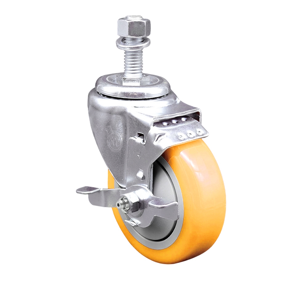 SCC-TS20S414-PPUB-YEL-TLB-M1215 Polyurethane Swivel Threaded Stem Caster with 4 x 1.25 in. Yellow Wheel & 12 mm Stem & Top Locking Brake