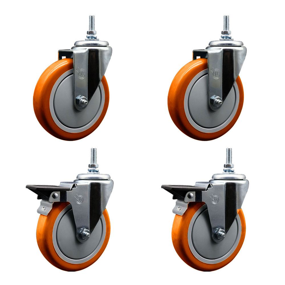 SCC-TS20S514-PPUB-ORG-381615-2-PLB-2 Polyurethane Swivel Threaded Stem Caster with 5 x 1.25 in. Orange Wheels & 0.38 in. Stems - Set of 4