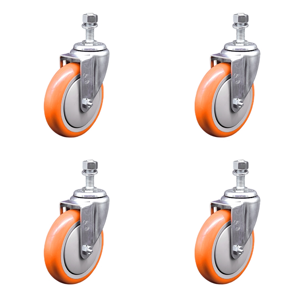 SCC-TS20S514-PPUB-ORG-M1215-4 Polyurethane Swivel Threaded Stem Caster with 5 x 1.25 in. Orange Wheels & 12 mm Stems - Set of 4