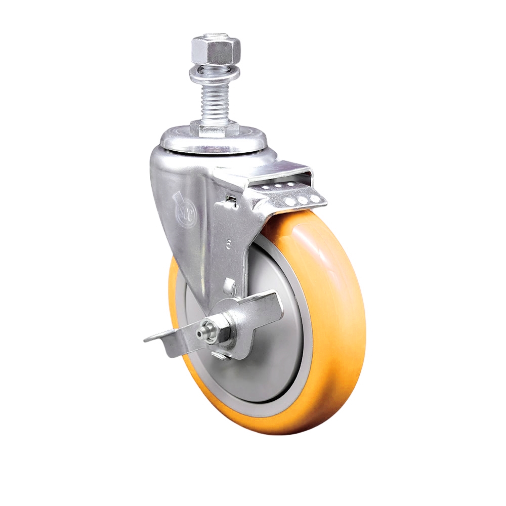 SCC-TS20S514-PPUB-YEL-TLB-121315 Polyurethane Swivel Threaded Stem Caster with 5 x 1.25 in. Yellow Wheel & 0.5 in. Stem & Top Locking Brake