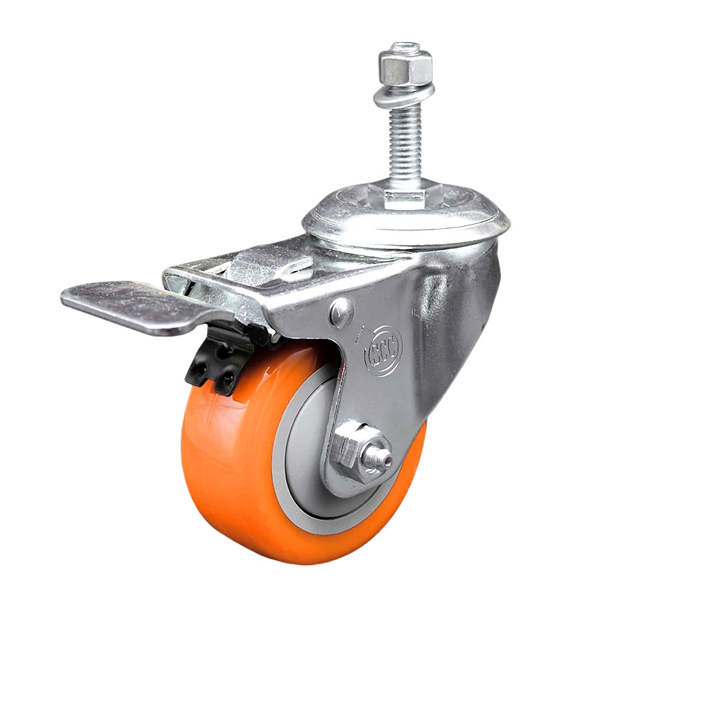 SCC-TSTTL20S3514-PPUB-ORG-M1015 Polyurethane Swivel Threaded Stem Caster with 3.5 x 1.25 in. Orange Wheel & 10 mm Stem & Total Locking Brake