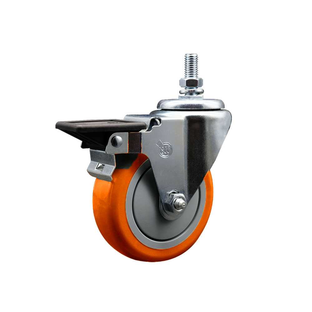 SCC-TS20S414-PPUB-ORG-PLB-M1215 Polyurethane Swivel Threaded Stem Caster with 4 x 1.25 in. Orange Wheel & 12 mm Stem & Posi Locking Brake