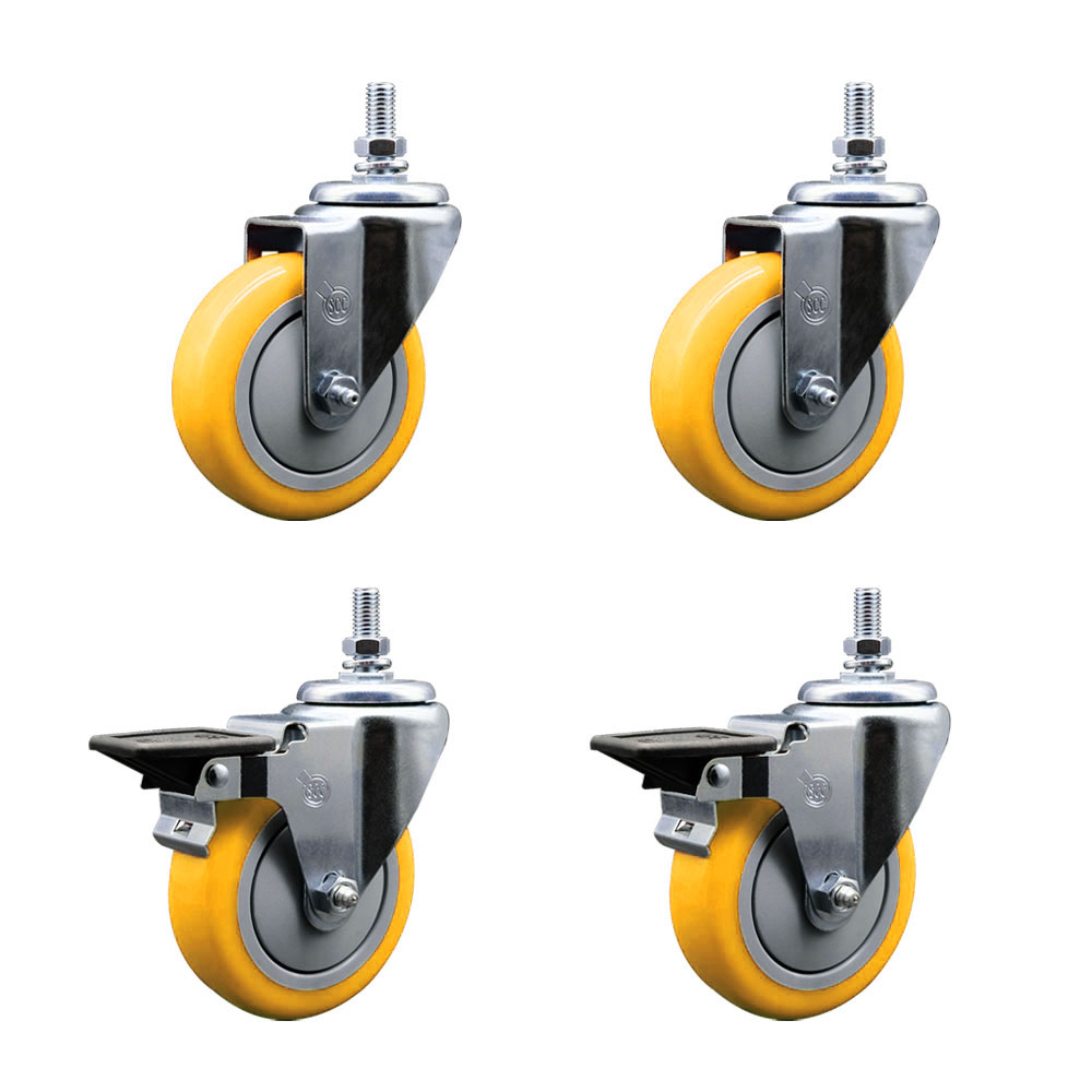 SCC-TS20S414-PPUB-YEL-M1015-2-PLB-2 Polyurethane Swivel Threaded Stem Caster with 4 x 1.25 in. Yellow Wheels & 10 mm Stems - Set of 4