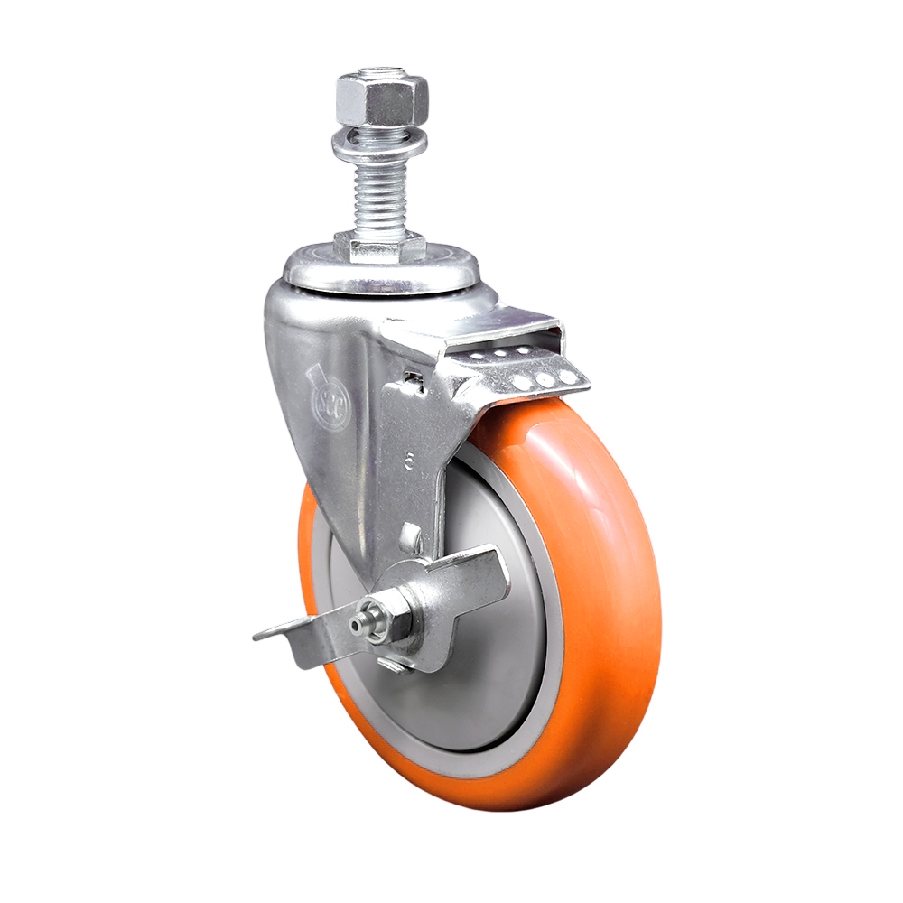 SCC-TS20S514-PPUB-ORG-TLB-M1215 Polyurethane Swivel Threaded Stem Caster with 5 x 1.25 in. Orange Wheel & 12 mm Stem & Top Locking Brake