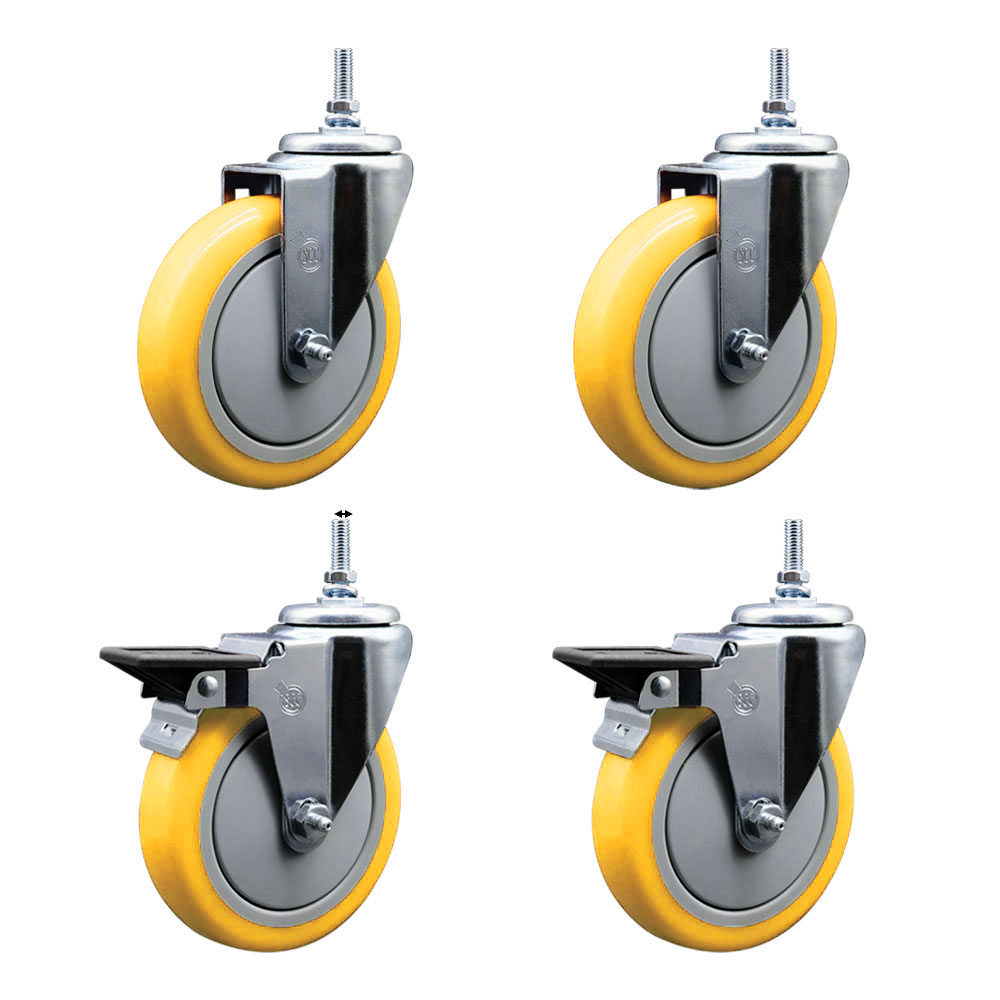 SCC-TS20S514-PPUB-YEL-M1215-2-PLB-2 Polyurethane Swivel Threaded Stem Caster with 5 x 1.25 in. Yellow Wheels & 12 mm Stems - Set of 4