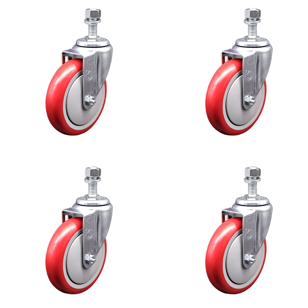 SCC-SSTS20S514-PPUB-RED-121315-4 Stainless Steel Polyurethane Swivel Threaded Stem Caster with 5 x 1.25 in. Red Wheels & 0.5 in. Stems - Set of 4
