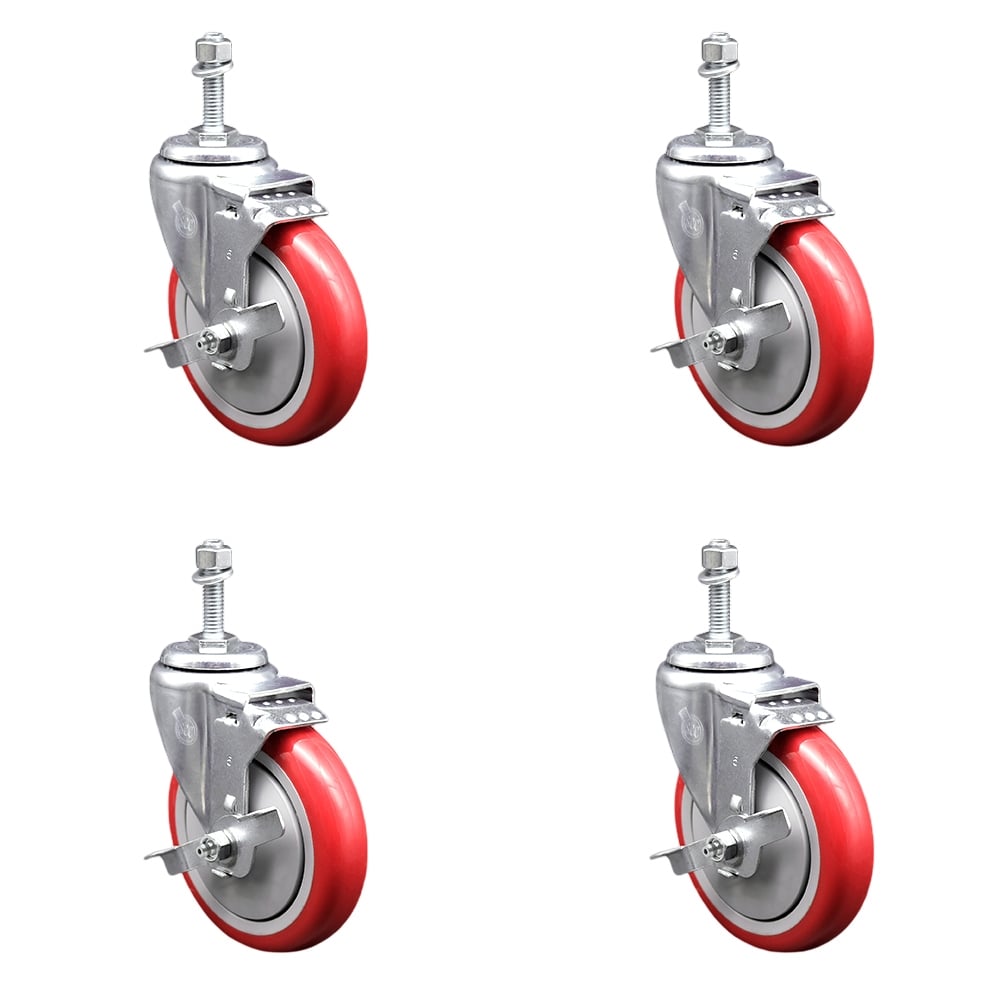 SCC-TS20S514-PPUB-RED-TLB-381615-4 Polyurethane Swivel Threaded Stem Caster with 5 x 1.25 in. Red Wheels & 0.38 in. Stems - Set of 4