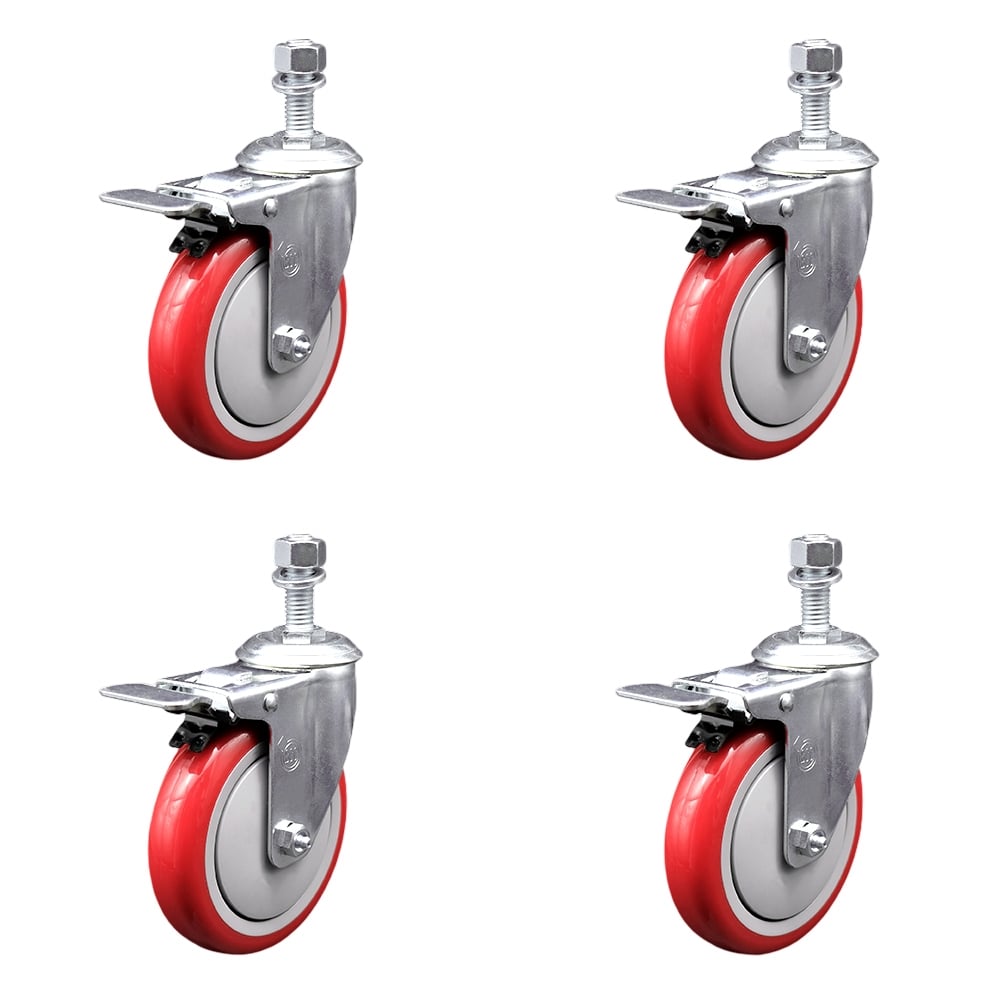 SCC-TSTTL20S514-PPUB-RED-M1215-4 Polyurethane Swivel Threaded Stem Caster with 5 x 1.25 in. Red Wheels & 12 mm Stems - Set of 4