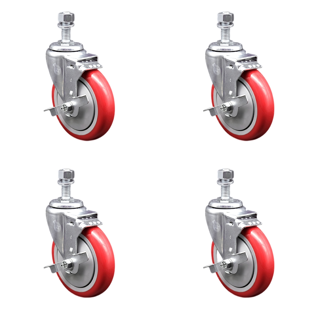 SCC-SSTS20S514-PPUB-RED-TLB-M1215-4 Stainless Steel Polyurethane Swivel Threaded Stem Caster with 5 x 1.25 in. Red Wheels & 12 mm Stems - Set of 4