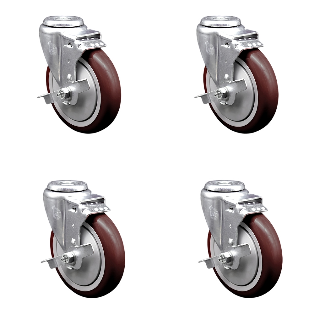 SCC-BH20S514-PPUB-MRN-TLB-4 Polyurethane Swivel Bolt Hole Caster with 5 x 1.25 in. Maroon Wheels - Set of 4