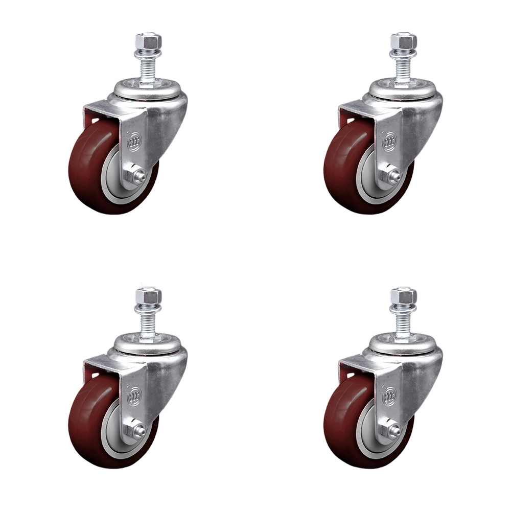 Stainless Steel Polyurethane Swivel Threaded Stem Caster with 3.5 x 1.25 in. Maroon Wheels & 0.5 in. Stems - Set of 4