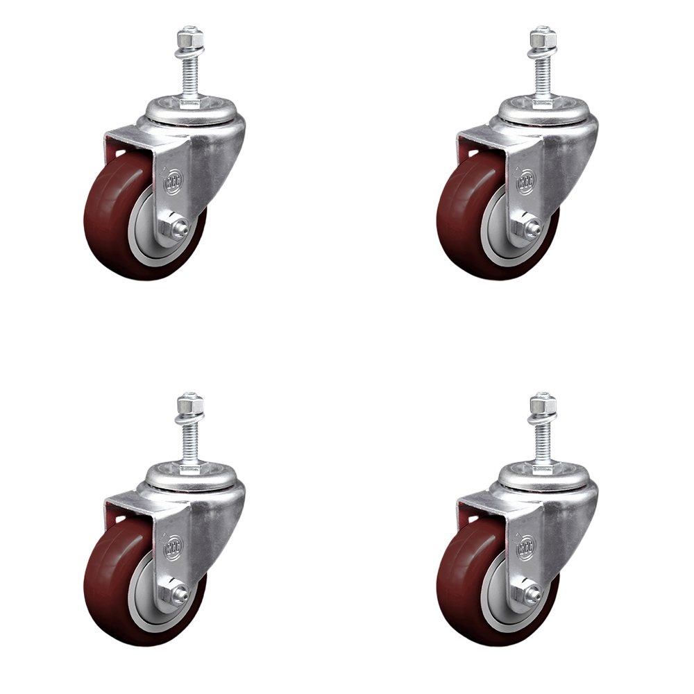 SCC-TS20S3514-PPUB-MRN-381615-4 Polyurethane Swivel Threaded Stem Caster with 3.5 x 1.25 in. Maroon Wheels & 0.38 in. Stems - Set of 4