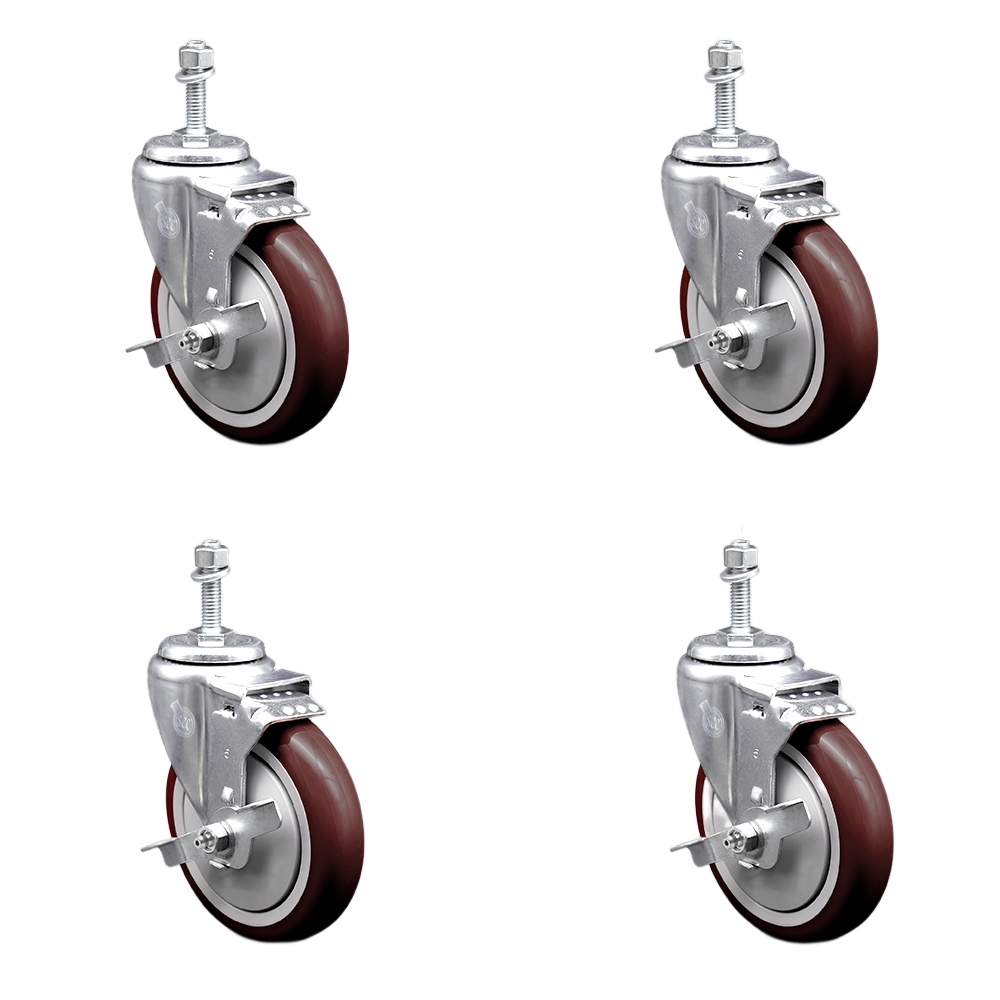 Stainless Steel Polyurethane Swivel Threaded Stem Caster with 5 x 1.25 in. Maroon Wheels & 0.38 in. Stems - Set of 4